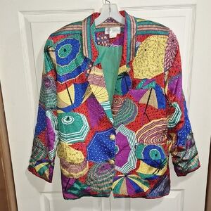 Rainbow Collection Colorful Umbrella Print Silky Boxy Blazer-XL-Multicolor